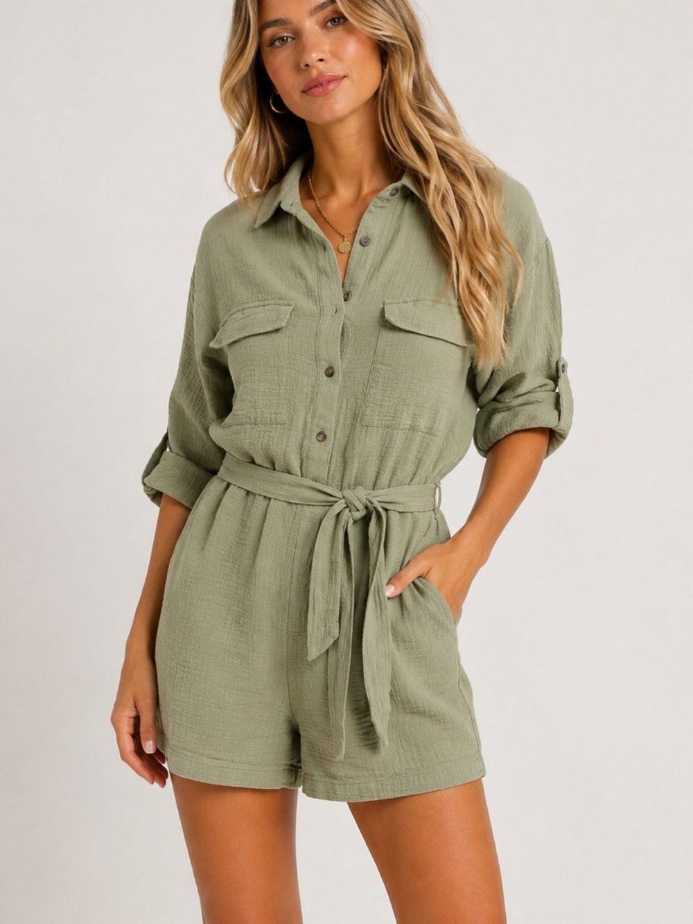 VICI Women’s M 100% Cotton Gauze Utility Romper Olive Green Belted